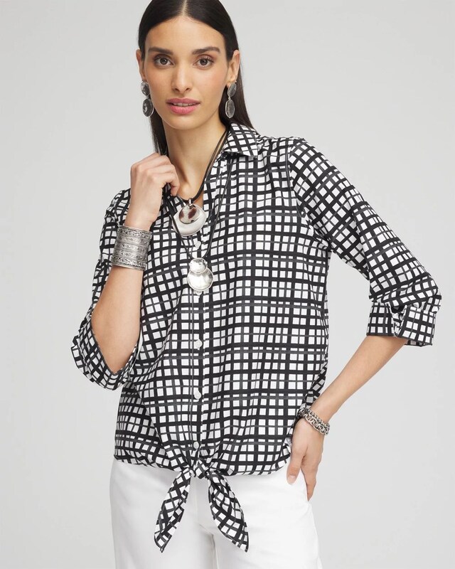 No Iron Plaid Tie-Front Top